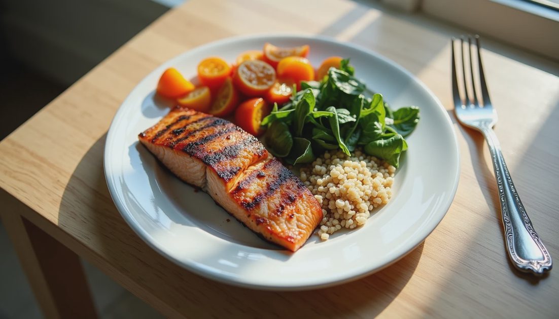 A balanced 2:1:1 rule meal plate with protein, vegetables, and healthy carbs for weight loss.webp