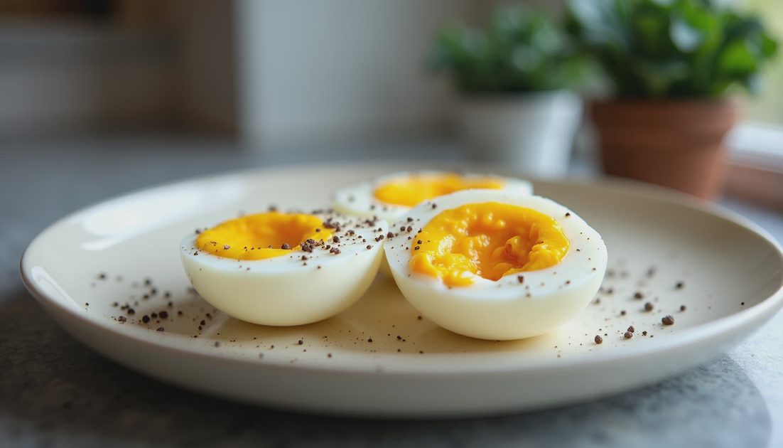  hard-boiled egg halves with sea salt and black pepper on a white plate as a rich protein source for fat loss.webp