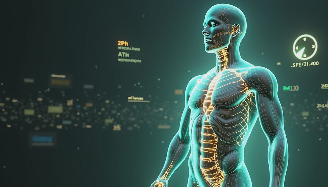 3D human anatomical silhouette highlighting muscle system as a 24-hour metabolic engine.webp