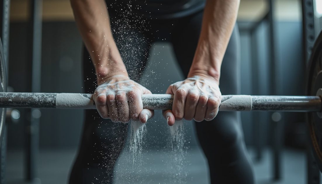 Close-up of hands gripping a steel barbell with gym chalk for strength training.webp