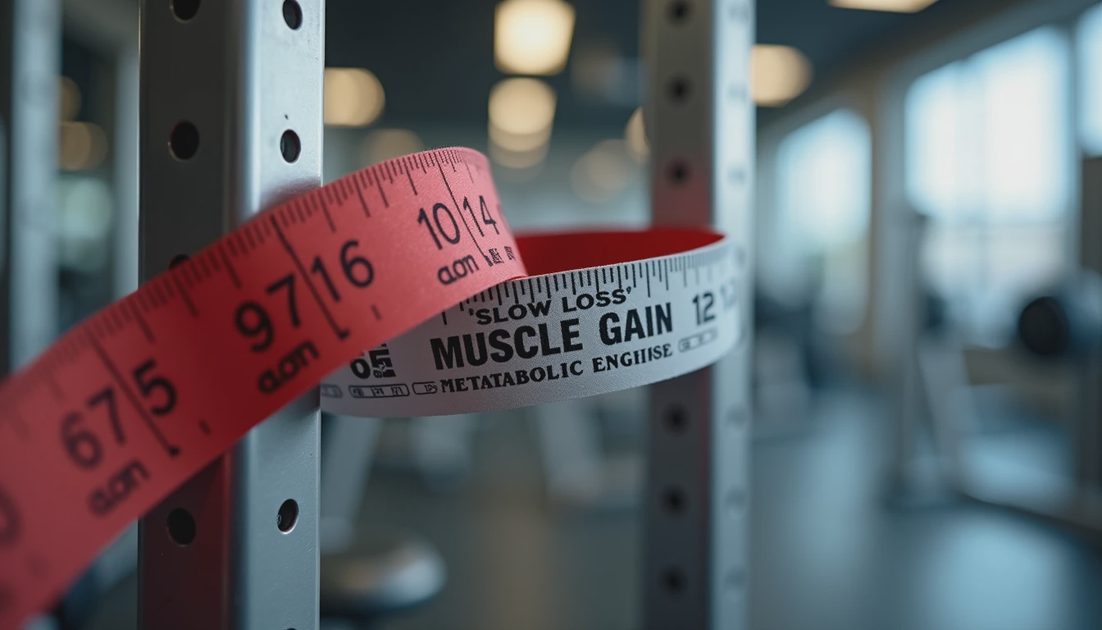 Flat vector comparison illustration showing a muscular silhouette with three flame icons on the left versus a thinner silhouette with one flame on the right, connected by a downward arrow symbolizing metabolic decline from muscle loss.webp