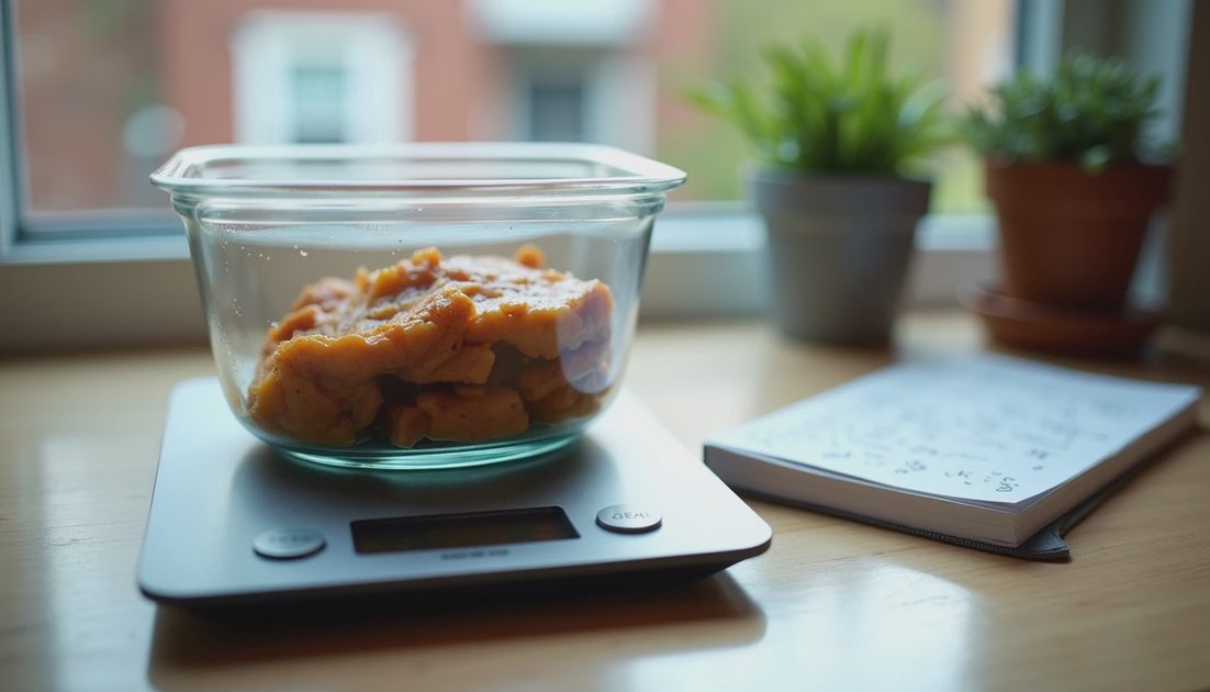 Measuring cooked chicken breast on a digital kitchen scale for accurate daily protein tracking.webp