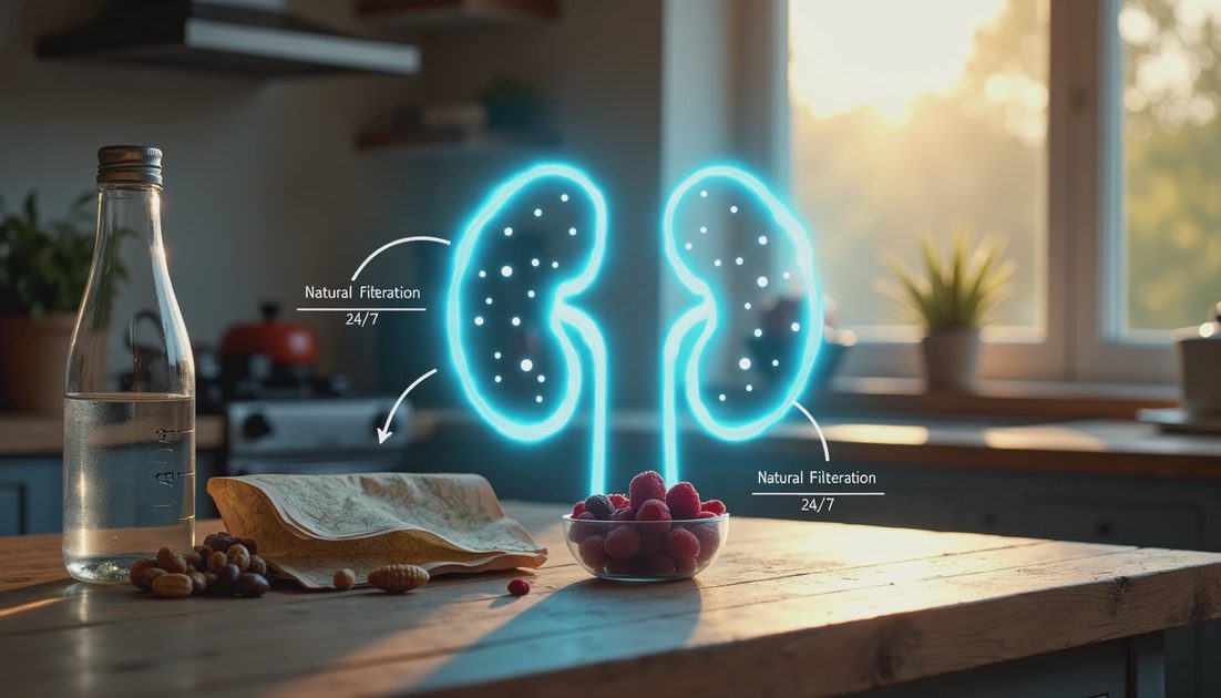 A healthy snack with a White Mountains trail map and a diagram illustrating natural liver and kidney filtration.webp