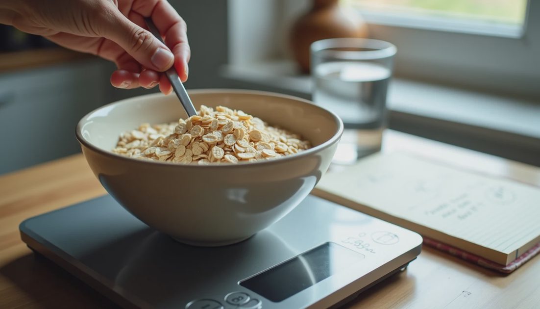 A digital kitchen scale weighing a bowl of rolled oats on a counter, illustrating precise carb portioning and calorie tracking..webp
