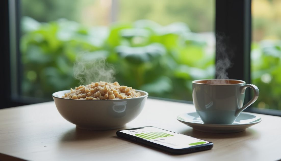 Nutrition tracking app on smartphone next to a balanced healthy meal on kitchen table.webp