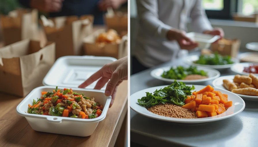 Side-by-side comparison of applying the 2:1:1 plate rule to takeout food and home-cooked meals.webp
