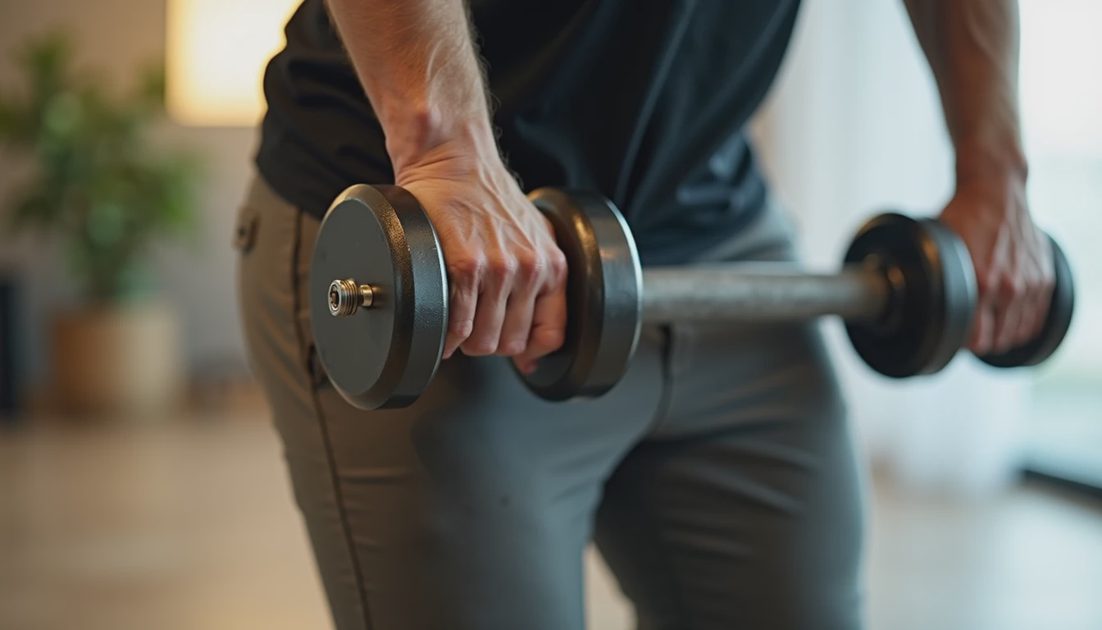 Close-up of a hand gripping a dumbbell during a farmer's carry exercise for core stability.webp