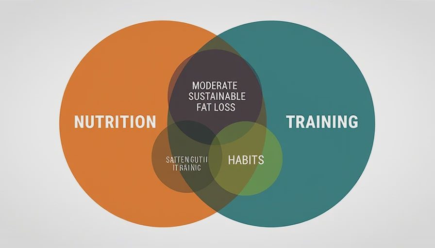 Venn diagram showing how nutrition, strength training, and daily habits combine for sustainable fat loss.webp