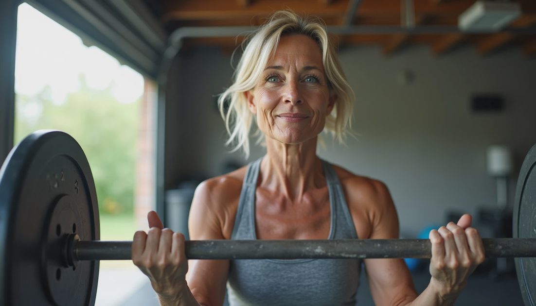 ocused blonde woman holding a barbell in a gym representing strength training for muscle preservation.webp