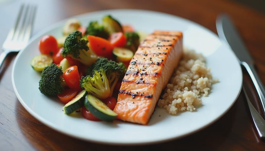 Balanced dinner plate following the 2:1:1 rule with half vegetables, one quarter protein, and one quarter carbs.webp