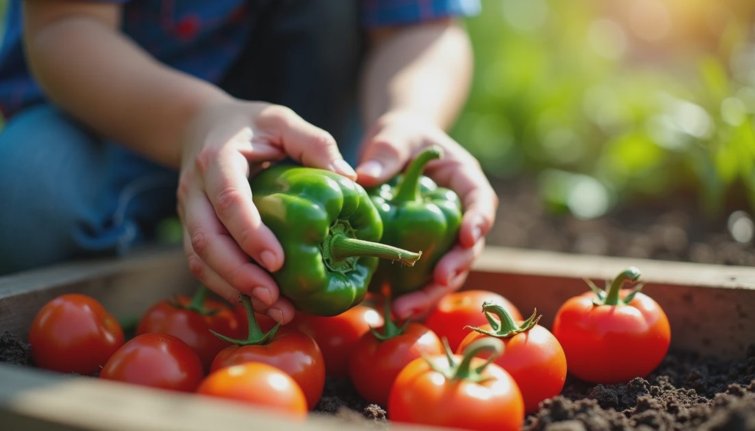 Young boy harvesting green bell peppers and tomatoes in a Boston backyard garden.webp