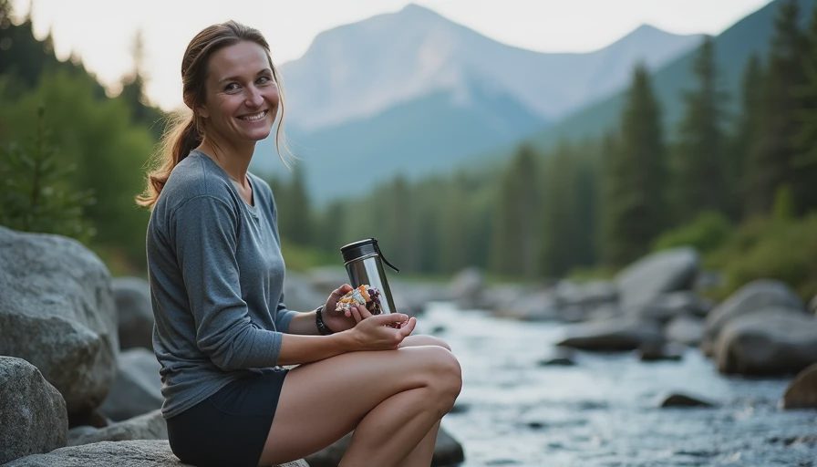 Hiker resting on a rock beside a stream in the White Mountains holding a snack and water bottle.webp