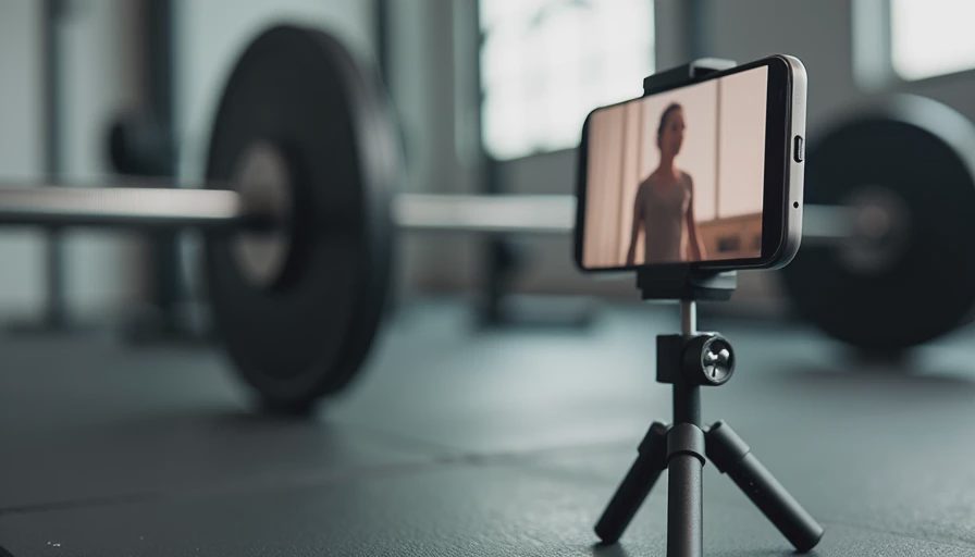 Setting up a smartphone on a mini tripod to film exercise form in the gym.webp