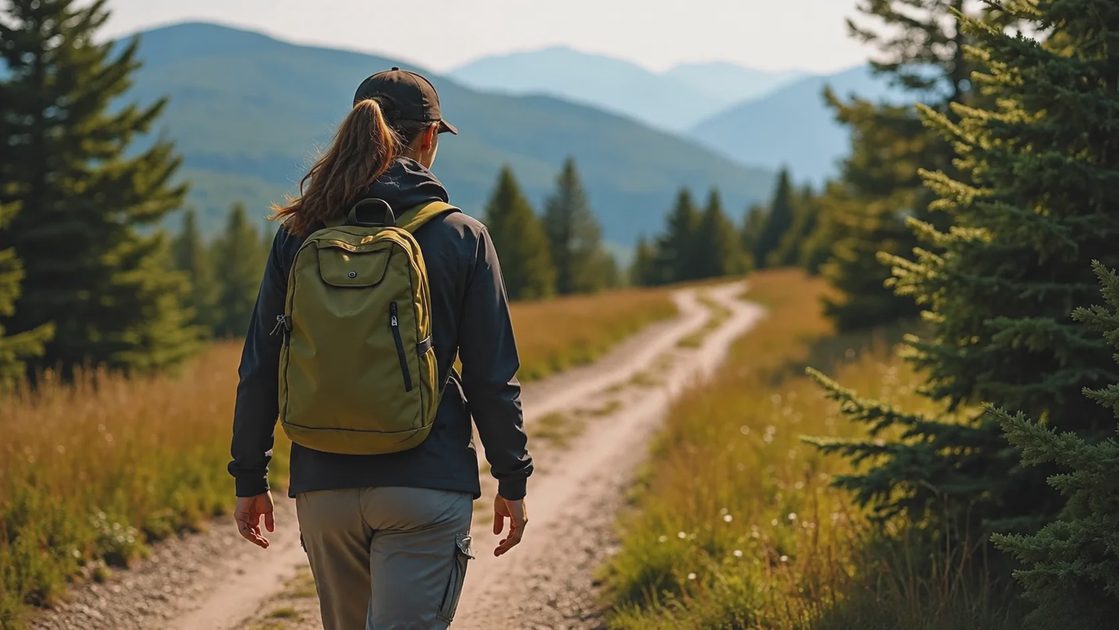Hiker with a backpack walking along a steady mountain ridge trail in the White Mountains.webp