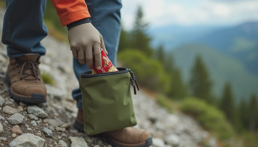 Hands reaching into a canvas snack pouch for a food bar on a rocky trail in the White Mountains.webp