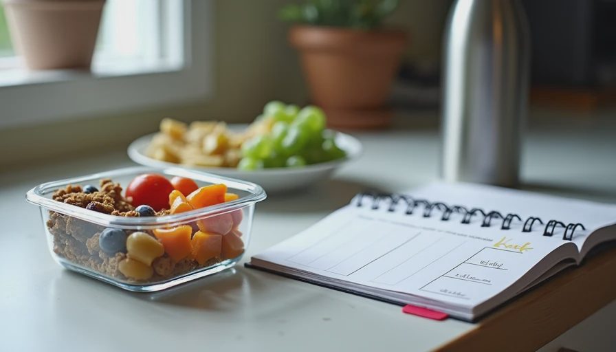 Organized kitchen counter with a prepped healthy meal in a glass container next to a planner.webp