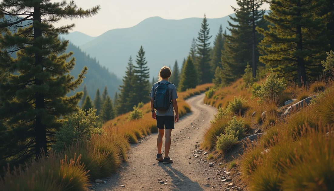 Hiker paused on a winding trail through a pine forest in the White Mountains.webp