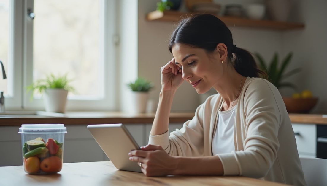 Woman sitting at a wooden kitchen table reviewing a food log on a tablet with a prepped meal.webp