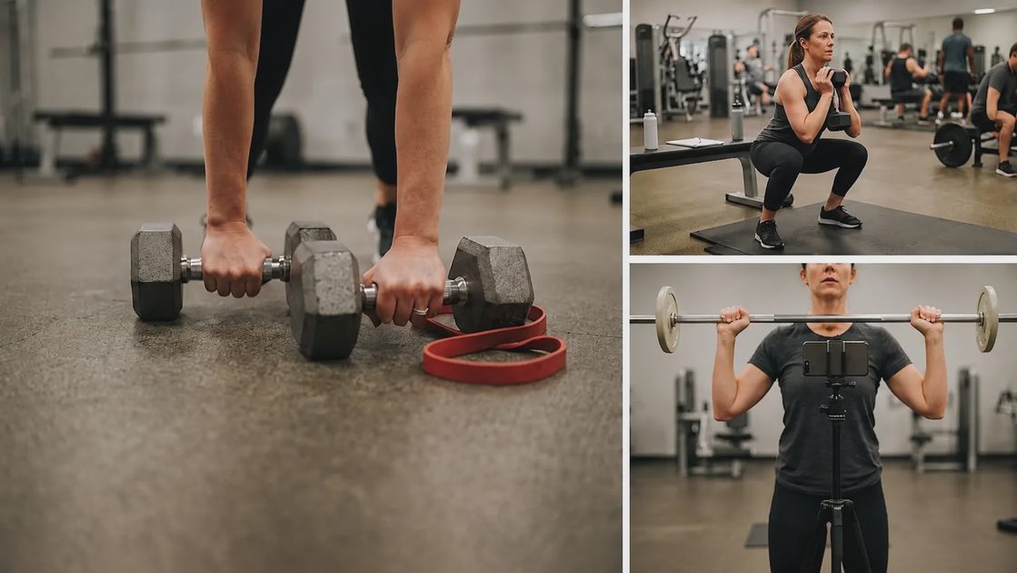 Woman practicing a dumbbell goblet squat with controlled form on a gym mat.webp
