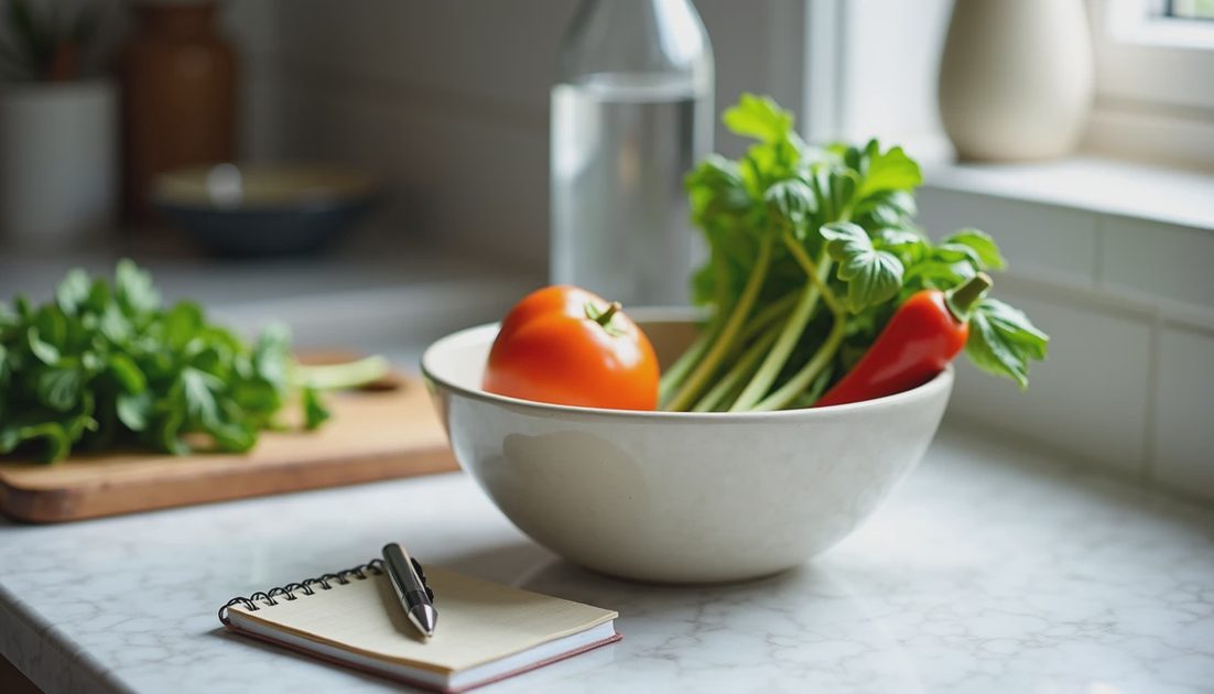 Ceramic bowl with fresh tomatoes and leafy greens next to a open planner on a kitchen table.webp