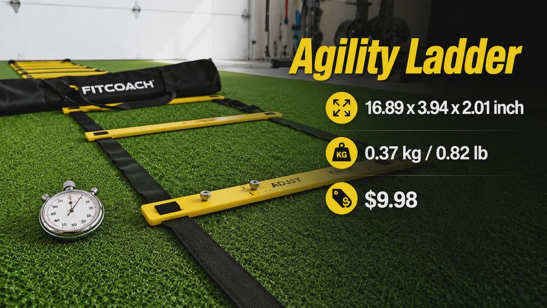 Yellow  agility ladder on gym floor with dimensions 16.89x3.94x2.01 inches, weight 0.82 lb, and $9.98 price tag.webp