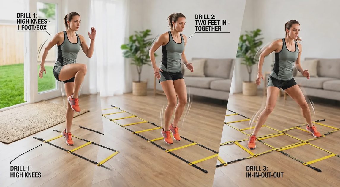 Split-screen showing three 10-minute beginner agility ladder drills at home: high knees, two feet in, and lateral in-in-out-out.webp
