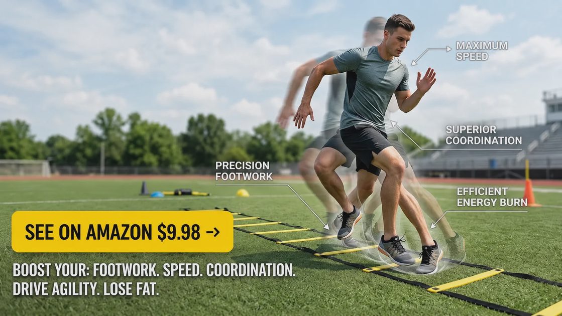 Athlete dynamic footwork training on an outdoor agility ladder highlighting speed, coordination, and agility benefits.webp