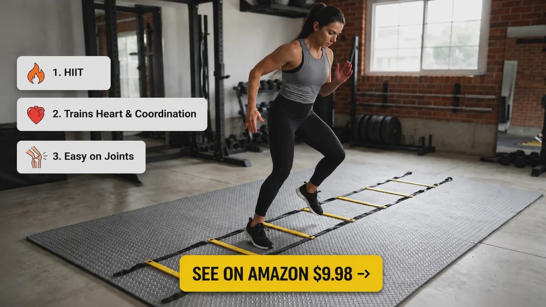 Person performing high-intensity HIIT agility ladder workout on a protective floor mat for low-impact joint-friendly fat loss.webp