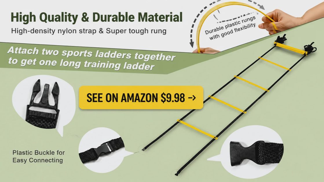 A close-up view of the adjustable rungs and plastic buckles of the durable agility ladder with a "SEE ON AMAZON $9.98" call-to-action button, demonstrating high product quality.webp